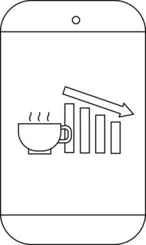 A smartphone screen shows a coffee cup and decreasing bar graph with a downward arrow vector