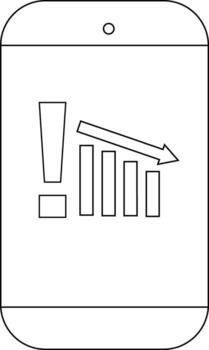 A smartphone displays an alert next to a declining bar graph with a downwardpointing arrow vector