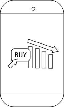 Depicts a smartphone with a screen displaying a BUY button descending graph suggesting financial trade vector