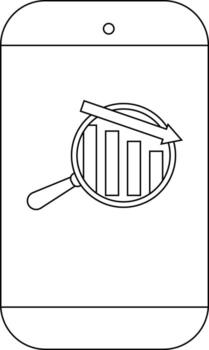 Mobile phone showing a magnifying glass over falling bar graph and arrow vector