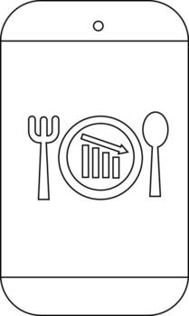Outline of a smartphone showing a plate with a graph pointing downward alongside a fork and a spoon vector