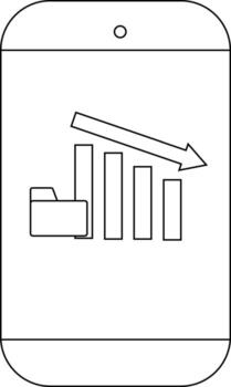 teléfono con hacia abajo grafico barras archivo carpeta icono en pantalla indicando disminución o pérdida vector