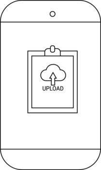 A simple line drawing of a phone with an upload symbol on the screen vector