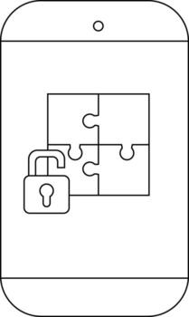 A phone displays a fourpiece jigsaw puzzle with an open padlock overlapping its left side vector
