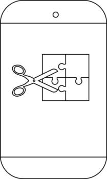 A smartphone display features scissors cutting a square made of four puzzle pieces vector