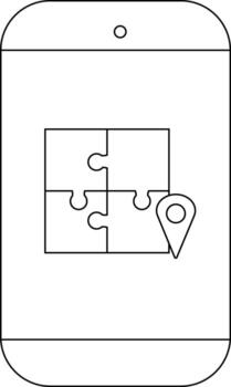 A smartphone displays a puzzle icon with four pieces and a location pin vector