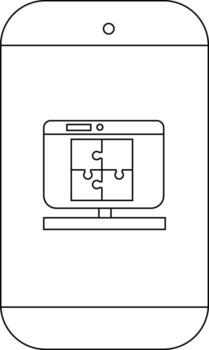 Outlined smartphone displays a computer monitor featuring a fourpiece jigsaw puzzle vector
