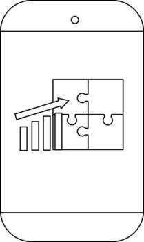 teléfono inteligente monitor rompecabezas piezas formando un cuadrado junto a creciente bar grafico y flecha vector