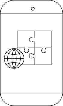 Smartphone displaying a puzzle and globe presented as line art vector