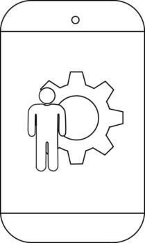 un línea dibujo de un teléfono inteligente pantalla mostrando un persona icono junto a un engranaje vector