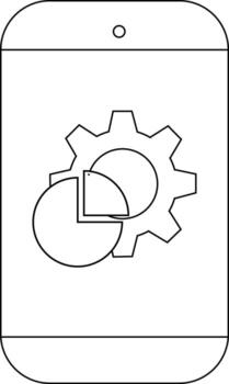 A mobile phone display shows a cogwheel overlapping a pie chart vector