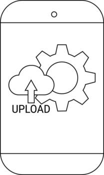 A phone displays a cloud upload arrow gear icon symbolizing settings or data transfer vector