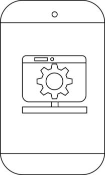 A simple outline drawing of a phone with a computer setup icon displayed on its screen vector