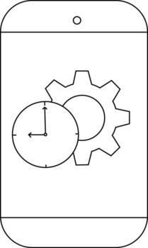 A smartphone displays a gear icon with a clock superimposed on it both outlined in black against a white background vector