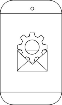 A smartphone displays a gear inside an opened envelope icon vector