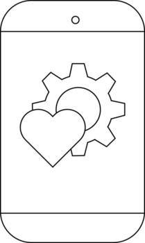 Black and white line art of a smartphone displaying a heart and gear icon vector