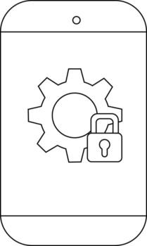 negro contorno dibujo de un teléfono mostrando un engranaje y un bloquear símbolo en sus pantalla vector