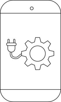 Outline of a mobile phone display featuring a plug connected to a gear vector