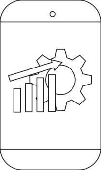 Phone screen shows a gear behind a rising bar graph with an arrow pointing up vector