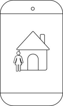 A smartphone displays a cartoon image of a house with a figure of a person standing next to it vector