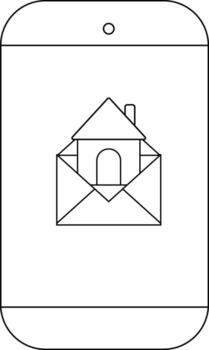 un teléfono inteligente muestra un sobre con un casa dentro todas en contorno vector