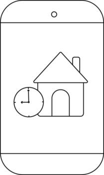 un teléfono inteligente muestra un casa icono con un reloj cubrir enfatizando sincronización para alojamiento servicios vector