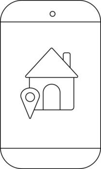 Line art depicts a smartphone displaying a house icon with a location pin vector