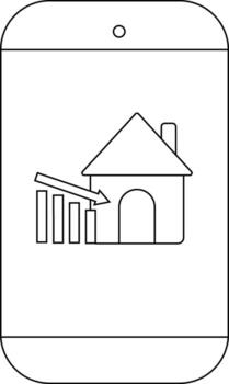 Phone screen displays a house icon and a descending bar graph with an arrow pointing toward the house vector
