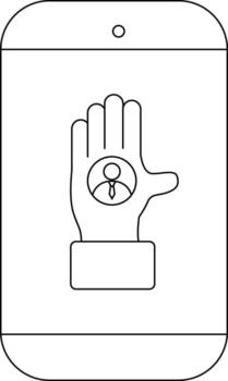A mobile phone displays an icon of a hand with a person symbol inside vector