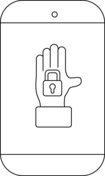An outline drawing of a smartphone screen displaying a hand with a lock icon vector