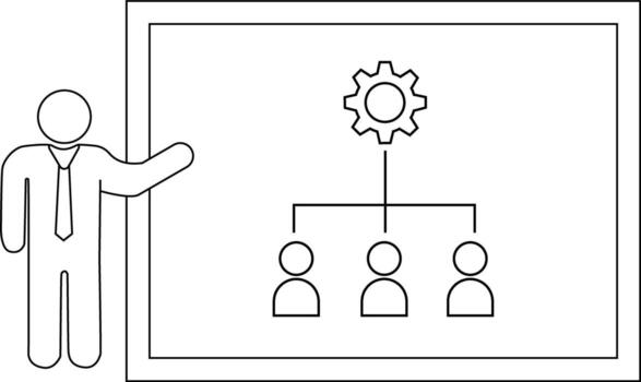 A line drawing depicts a presenter next to an organizational chart with a gear at the top branching to three figures vector