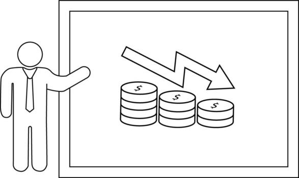 A person presents a chart showing falling coin stacks and a downward arrow indicating financial loss vector