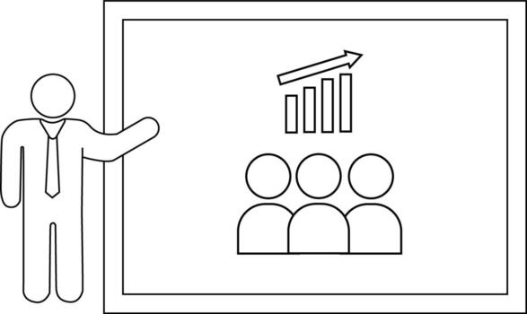 un presentador soportes junto a un pizarron presentando un bar grafico flecha y Tres personas vector