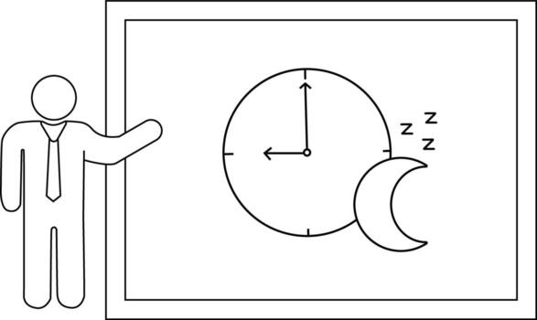 A presenter stands by a board displaying a clock reading 900 with a crescent moon and Zs indicating sleep vector