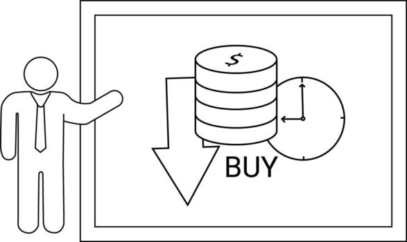 A stick figure gestures towards a chart with money a clock and the word BUY vector