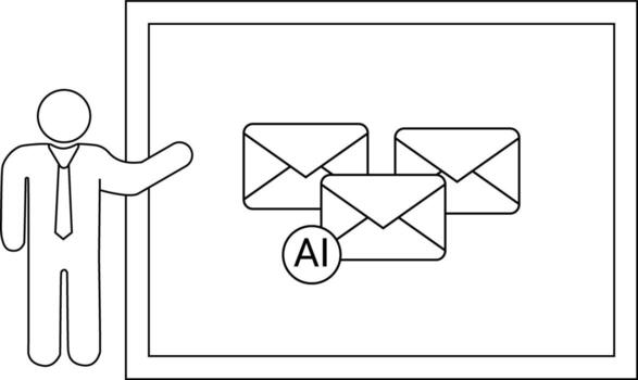 A stick figure presents a board featuring three envelopes one labeled AI vector