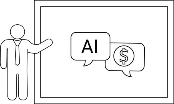 A stick figure presents a whiteboard with speech bubbles showing AI and a dollar sign vector