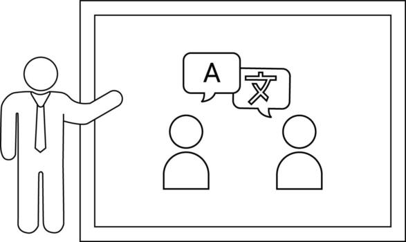 An instructor presents translation between A a Chinese character to two attendees in front of a whiteboard vector