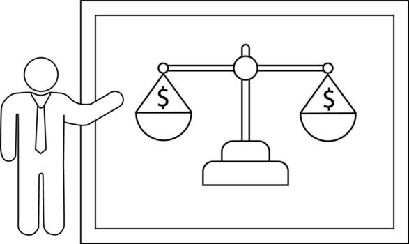 Depicts a person presenting a scale with dollar signs framed within a border vector