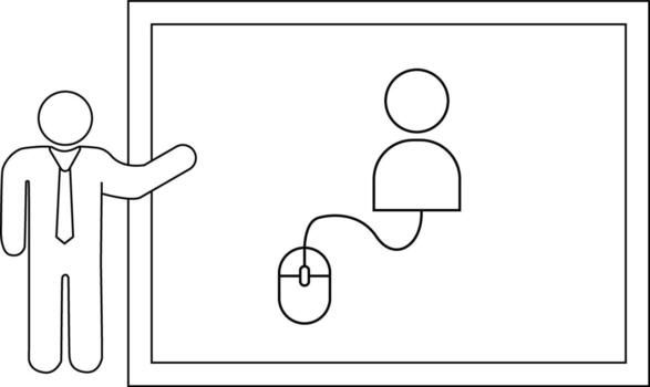 dibujos animados hombre regalos un pantalla mostrando Figura de palo usuario conectado a un ratón vector