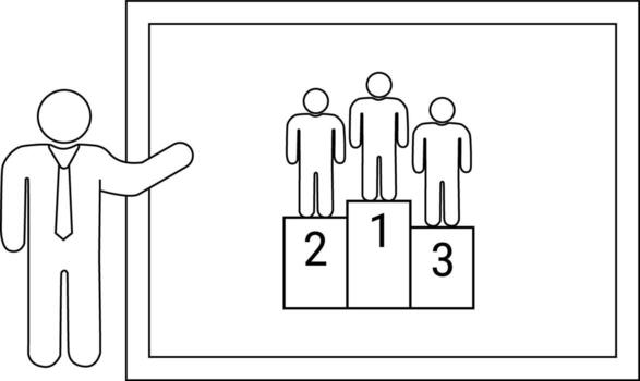 Drawing of a presenter by a podium with three figures on a numbered prize podium vector