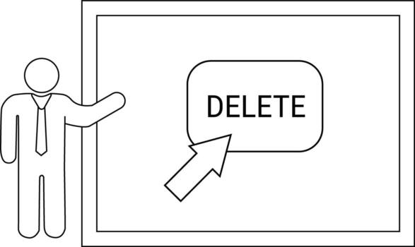 Cartoon person pointing at DELETE button on a screen in a black outlined frame vector