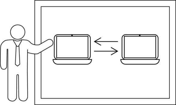 Line art shows a person gesturing to two laptops with arrows between them inside a frame vector