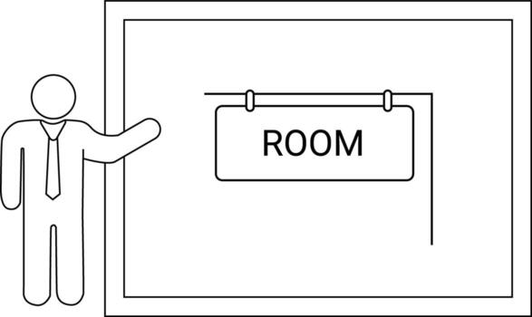 Man points to a ROOM sign inside a doubleframed rectangle outlinestyle vector