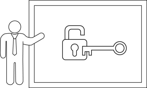 Man presenting unlock icon on screen vector