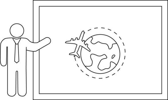 hombre presentación un diapositiva exhibiendo un globo con un avión rodeando eso adjunto dentro un rectangular marco vector