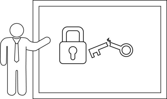 Outline depicts a person pointing at a framed lock and a broken key vector