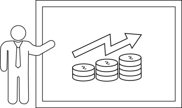 Outline depicts a presenter by an increasingtrend graph with money stacks on a framed whiteboard vector