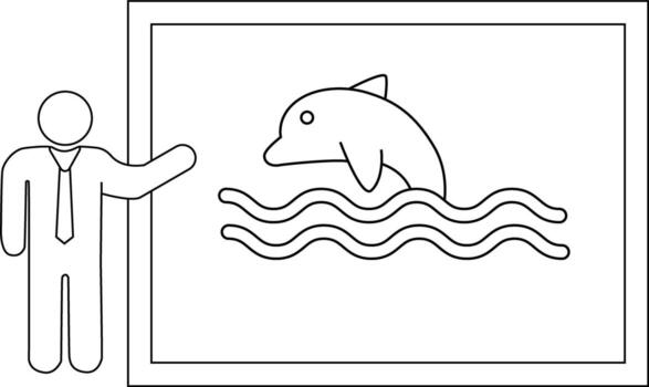 Outlined image depicts a person presenting a framed picture of a dolphin jumping out of waves vector