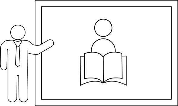Presentation with presenter gesturing to a figure reading an open book on a board vector